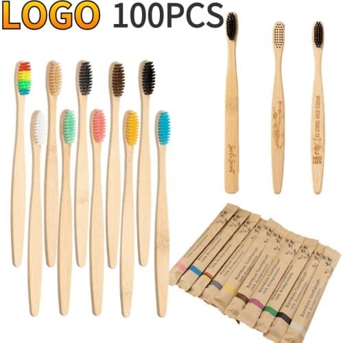 Customized Logo 100Pcs Children Eco Friendly Bamboo Toothbrush Resuable Toothbrushes Portable Kids Adult Wooden Soft Tooth Brush