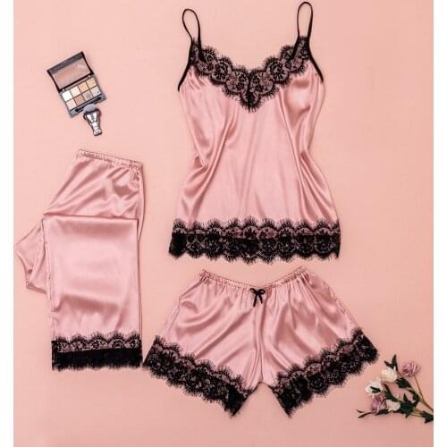3PCS Women Lace Satin Pajama Set Pink Sleeveless Sling Vest Bowknot Shorts Trousers Temptation Female Plus Size Nightclothes