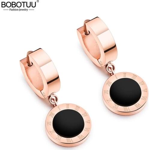 BOBOTUU Black Single-sided Roman Numerals Round Circle Earrings Titanium Steel Rose Gold Color Female Hoop Earrings BE18114
