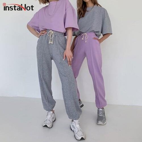 InstaHot Women Sweatpant Cotton Drawstring Solid Gray Purple Basic Trousers Soft Jogger Loose Female Pantalones 2020 Leisure