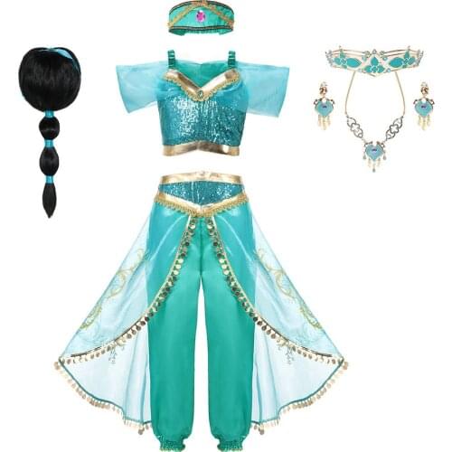 Royal Salon Princess Aladdin Clothing Set for Baby Girls Aladdin Movie Kids Cosplay Top Pants with Headband Jewelry Wig