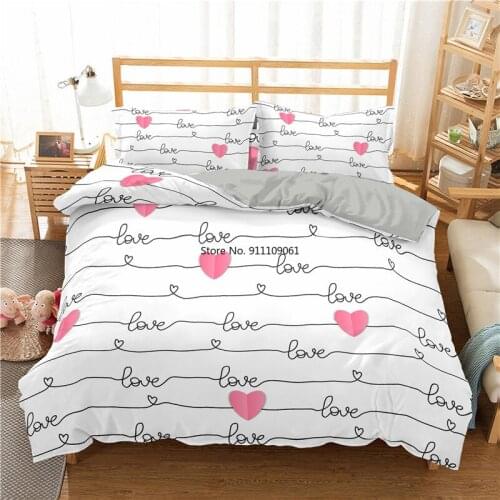 Cute Cartoon Fresh Bedding Set 3D Love Stripe Duvet Cover Pillowcase White Pink Bedclothes Single Queen King Size Quilt Cover