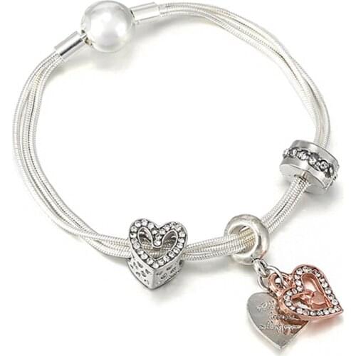 Silver Plated Multi-layer Charm Bracelet DIY Crystal Heart Beads Fits Brand Bracelet For Women Simple Jewelry Gift New Arrival
