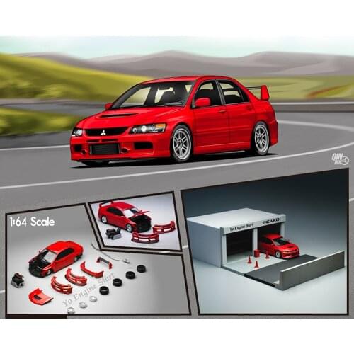 1:64 Scale Mitsubishi EVO 9th Generation Alloy Diecast Car Model Metal Vehicle Detachable Accessories w Scene Room Obstacle