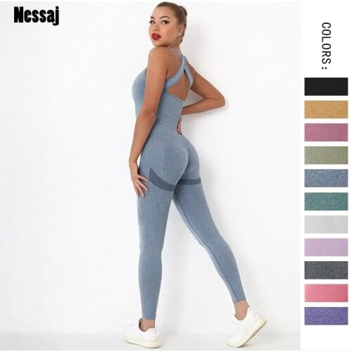 Nessaj Back Cross Seamless Fitness Jumpsuits Professional Nylon High Stretch Bodysuits With Pads Sportswear One-Pieces Rompers