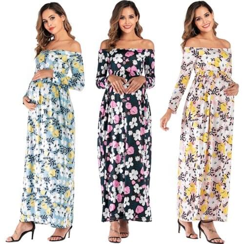 Maternity Dresses Pregnant Woman Clothes Solid Flower printed Shoudlerless Long Pregnancy Dress Summer beach dress