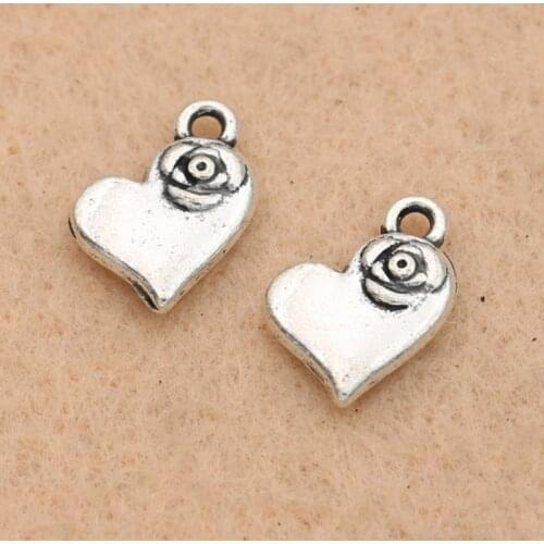 KJjewel Antique Silver Plated Rose Heart Charms Pendant Bracelets Necklace Findings Jewelry Making Accessories DIY 11mm