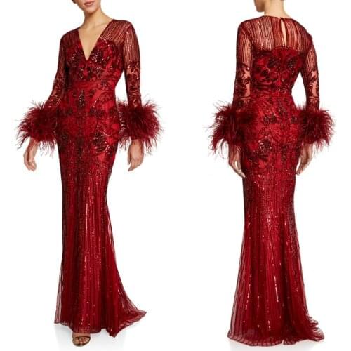 Luxury Red Evening Dresses Beaded Sequins Feathers Mermaid Prom Dress Floor Length Custom Made Special Ocassion Gowns