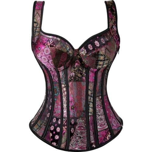 Sexy Vintage Jacquard Shoulder Gothic Lace Up Overbust Corset Women Steampunk Zipper Retro Waist Trainer Bustier