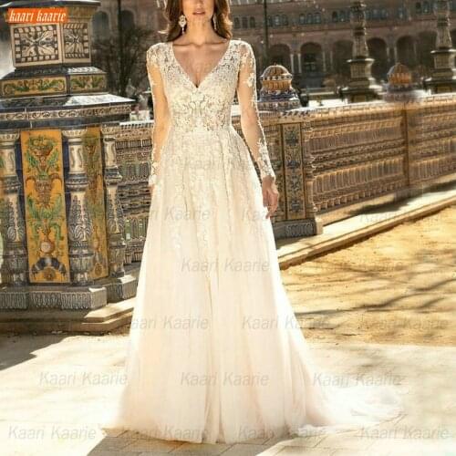 Long Sleeves Wedding Dresses 2021 robe de mariage V Neck Lace Appliqued Tulle A Line свадебные платья Custom Made Bridal Gowns