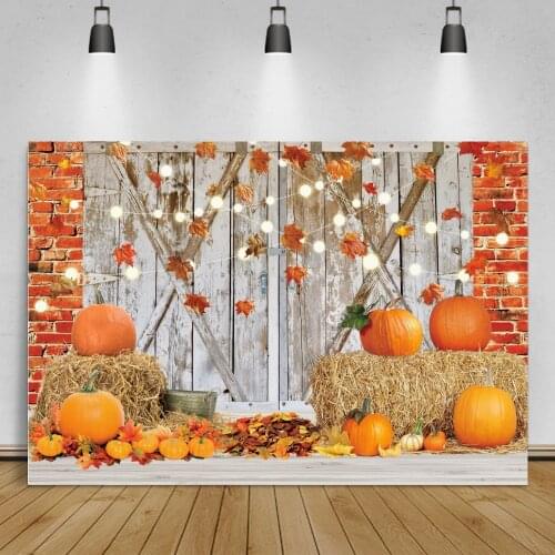 Vinyl Backgrounds For Photography Rural Farm Wood Door Brick Wall Yellow Maples Hay Stack Bulb Light Baby Party Photo Backdrops
