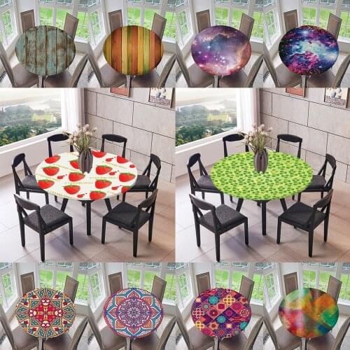 Elastic Edged Waterproof Table Cover Tablecloths Stretch to Fit 47"- 59" Dia