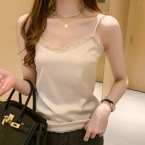 2021 Summer Women Camisole Top Off-Shoulder Halter Sleeveless Sexy Lace V-neck Camis Female Solid y2k Satin Tanks Tops