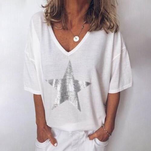 Women T-Shirt Summer New Fashion Short Sleeve V-Neck Tops Tees Female Pentagram Star Print Casual Loose T Shirts Plus Size S-5XL