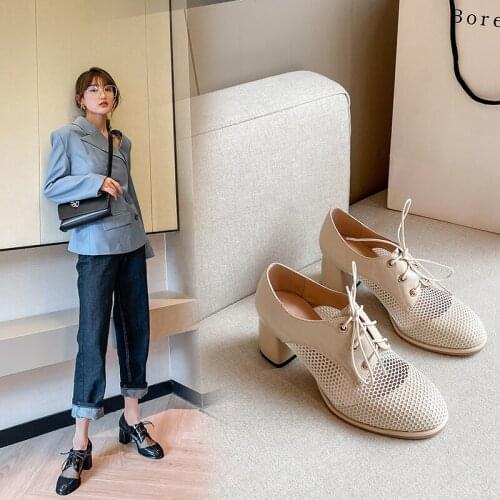 2020 High Quality New Square Heel Women High heels Hollow mesh Fashion Elegant summer Lace-up Women pumps 32-43 zapatos mujer