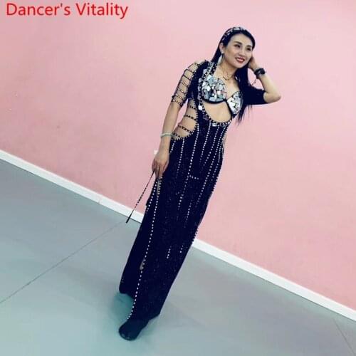 Women Belly Dance Group Competition Suit Glitter Diamond Robe Sequin Bra Set Drum Oriental Indian Dancing Wear Stage Outfits
