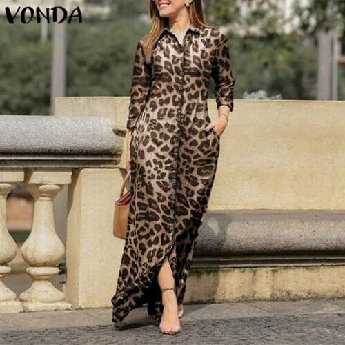 Women Elegant Shirt Dress Sexy Lapel Collar Long Party Leopard Dress 2021 VONDA Long Sleeve Sundress Casual Vestidos