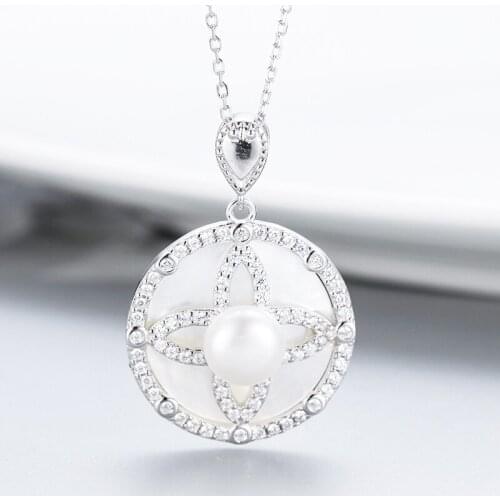 MADALENA SARARA Sterling Silver S925 9-10mm Freshwater Pearl Pendant Women Necklace Cubic Zirconia Round Shape Chain Necklace