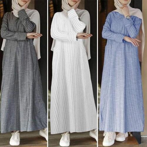 Abaya Muslim For Women 2021 Summer Literary National Style Retro Womens Cotton And Linen Hedging Round Neck A-line Skirt Dress