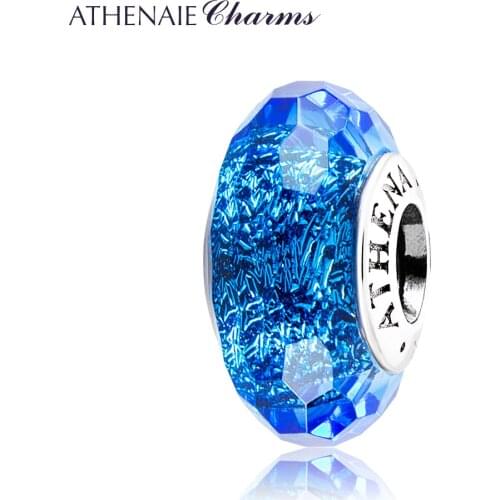 ATHENAIE Genuine 925 Silver Murano Glass Charm Bead Core Faceted Fascinating Iridescence Blue Shimmer Charms Beads Christmas Day