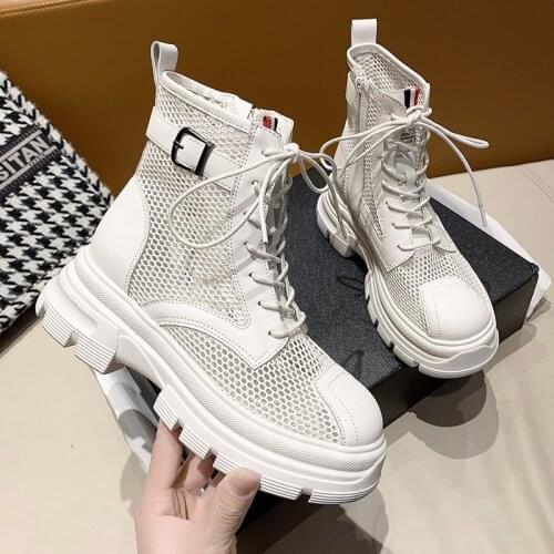 Women Lace Up Gothic Combat Ankle Boots Woman Shoes Army Black Knitted Breathable Socks and Boots for Summer