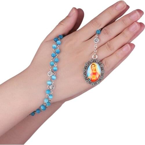 Religious Catholic Heart Virgin Mary Center Pendant Necklace Blue Natural Stone Rosary Bead Necklace The Seven Sorrows Jewelry
