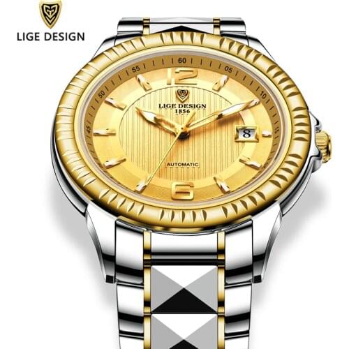 LIGE New Fashion Gold Wrist Watches Mens Automatic Tourbillon Tungsten Steel 50ATM Waterproof Mechanical Clock Relogio Masculino