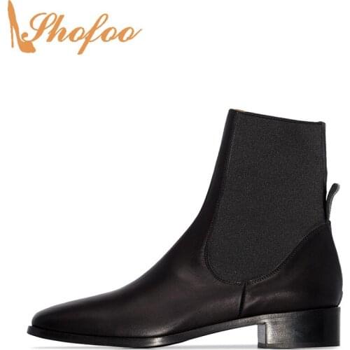 Black Elastic Closure Square Toe Ankle Boots Med Chunky Heels Woman Booties Large Size 13 16 Ladies Fashion Mature Shoes Shofoo