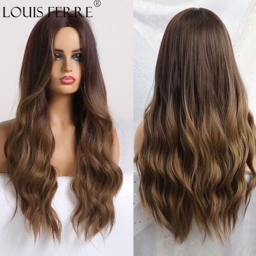 LOUIS FERRE Long Ombre Black Brown Wavy Wigs Hightlight Natural Middle Part Synthetic Wig for Women Cosplay Heat Resistant Hair