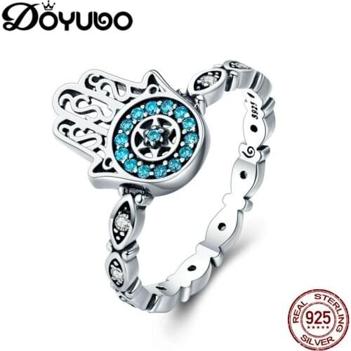 DOYUBO Classical 925 Sterling Silver Rings Hand Shape With Blue Cubic Zirconia Women Rings Solid Silver Lady Wedding Ring AGB045