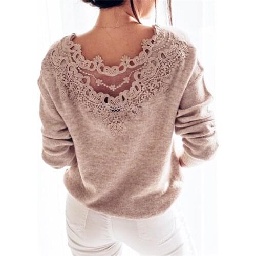 Elegant Backless Lace Knitted Sweater Women Long Sleeve loose Autumn Winter Warm Top Ladies Knitwear truien dames Streetwear