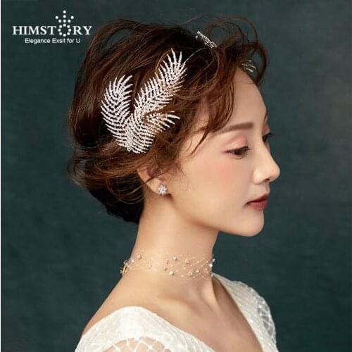 HIMSTORY Luxury Clear Crystal Soft Chain Headdress Wedding Hair Accessories Feather Shape Rhinestone Hairbands Bride Hairwear