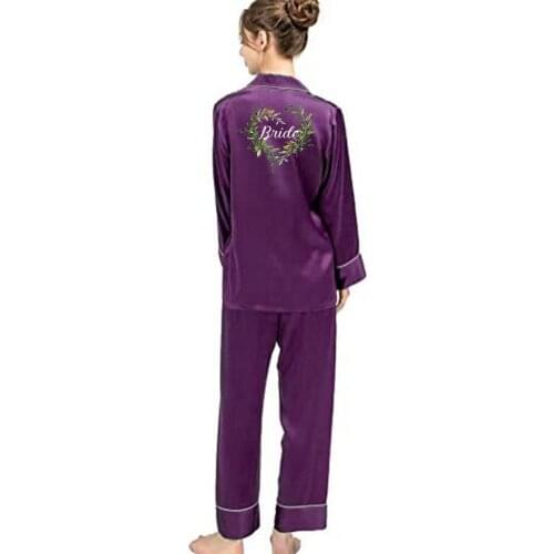 Custom Women Silk Long pajamas set Flower Print bride squad Gifts spring and autumn home service two-piece suit