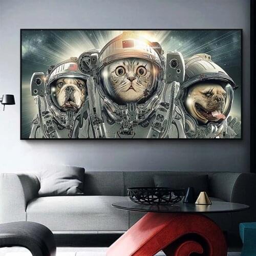 Cool Astronaut Cat and Dog Canvas Paintings Wall Art Posters and Prints Science Technology Animal Series Pictures for Home Decor