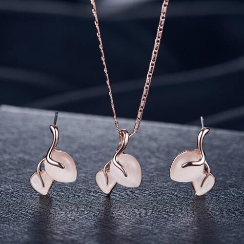 Wedding temperament earrings necklace set leaves peach heart opal pendant necklace earrings bridal jewelry
