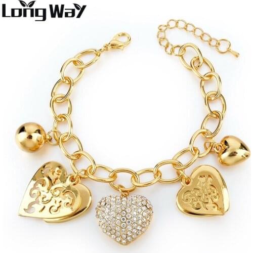 LongWay Hot Jewelry Women Charming Bracelet Silver & Gold Color Link Chain Heart Charm with Crystal Bracelets 2018 SBR160019103