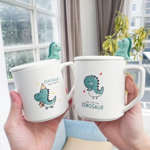 Cute Cartoon Dinosaur Ceramic Cup 400ml With Lid Spoon Milk Cup Small Fresh Student Creative Water Cup Couple Gift Cup
