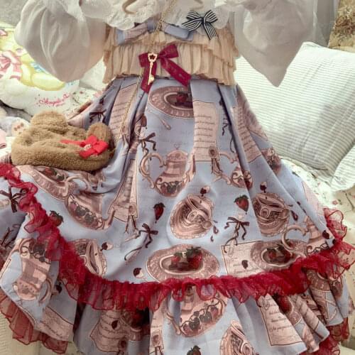 Strawberry tableware printing lotus leaf mesh lace jsk Lolita retro print Lolita layered suspender dress