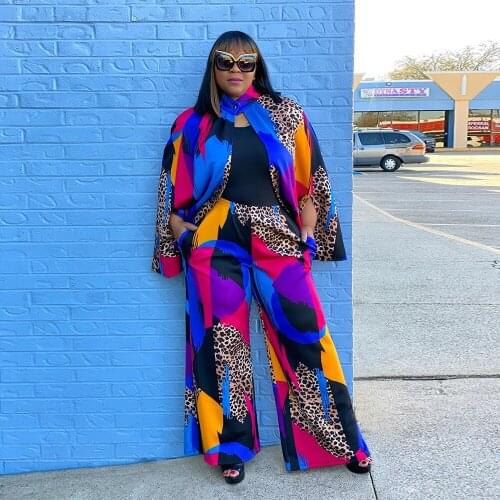 Fashion Irregular Printing Plus Size Blouse + Wide-leg Pants Two-piece Suit European and American Womens Clothing