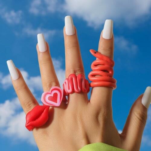 Fashion Exaggeration Red Colorful Clay Twisted Snake Heart Lip Rings Charm Wide Polymer Handmade Rings For Women Jewelry Gifts