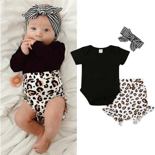 3PCS Fashion Girl Set 0-24M US Toddler Kids Baby Girl Infant Clothes Romper Tops Leopard Print Pants Outfits