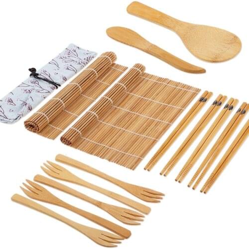 Kitchen Durable Maker Set Sushi Rolling Mats with Cloth Bag DIY Bamboo Japanese Cooking Rice Spreader 5 Pairs Chopsticks Tools