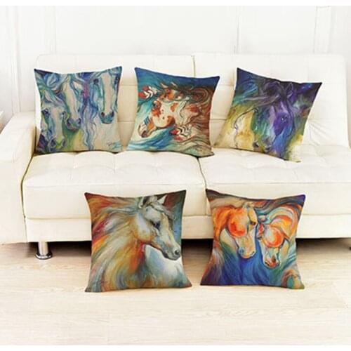 Hand Color Painting Horse Pillows For Home Decoration Cotton Linen 3D Cushion Cover Digital Print Chair Pad Cover Pillow Cases