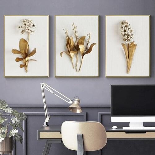 Nordic Golden Plant Leaves and Flowers Canvas Painting Quadro Posters and Prints Wall Art Pictures Cuadros Home Decoration