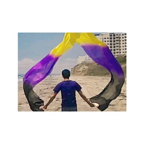 Wholesale 1pc right fans+1 pc left fans 5 size*0.9m(XX"*35") hand painted belly dance silk fan veil,black + purple + yellow