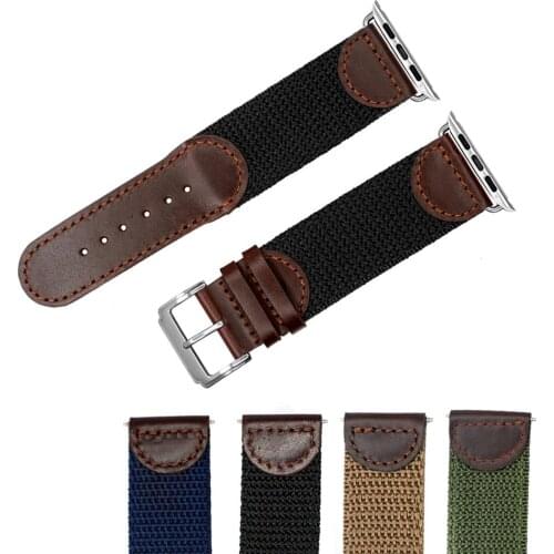 YQI for Apple Watch Band 38mm 40mm 42mm 44mm Genuine Leather with Nylon Nato iwatch Watch Strap Apple watch 3 4 band correa