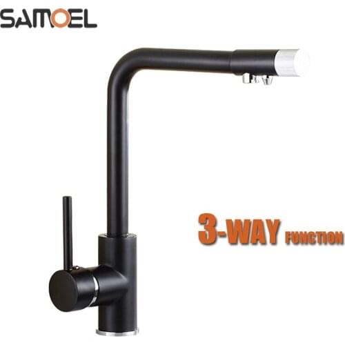 2020 New Modern Deck Mount Brass Black 3-way Kitchen Sink Faucet Mixer One Handle Drinking Cold Hot Water Tap B3364