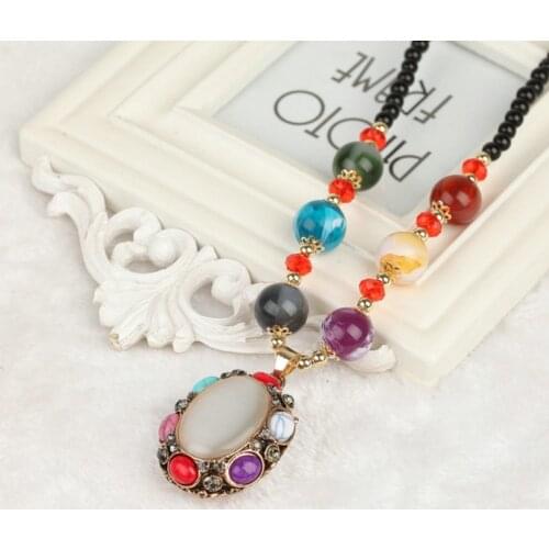 Light Yellow Gold Color Oval Shape Cat Eye Stone Pendant Long Beads Chain Necklace Trendy Jewelry