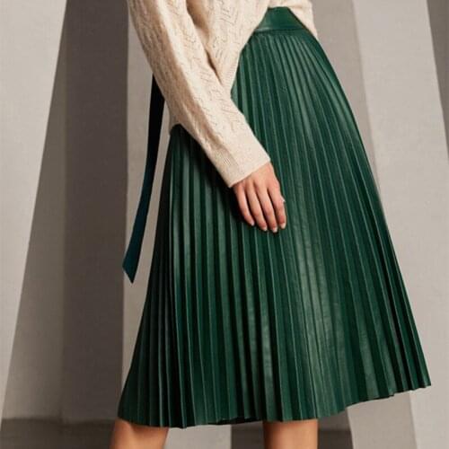 Long Pleated Skirts Women Genuine Leather Natural Real Sheepskin Luxury Runway Designer Lady Skirt Female Black Green Plus Size