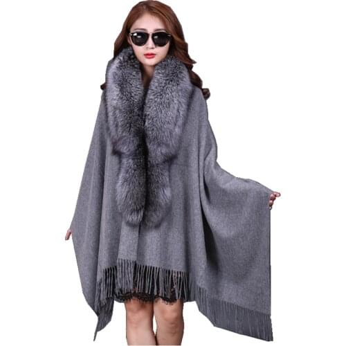 Lady Fashion Autumn Winter Wool Wraps with Tassels Fox Fur Collar Women Fur Pashmina Shawl Neck Rings LF5007